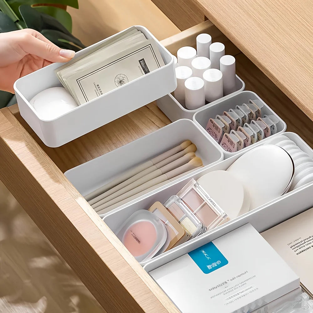 7pcs Drawer Organizer Set, Plastic Cosmetic and Skincare Storage Boxes with Dividers for Vanity, Desktop,and Drawer Organization