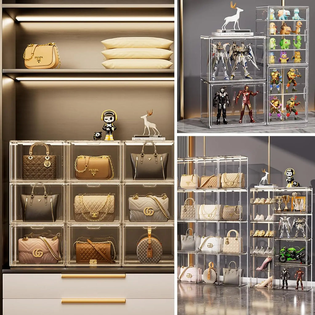 Clear Display Box Organizer Stackable with Magnetic Door Large Capacity Storage Box Purse  Showcase For Makeup Book Collectibles