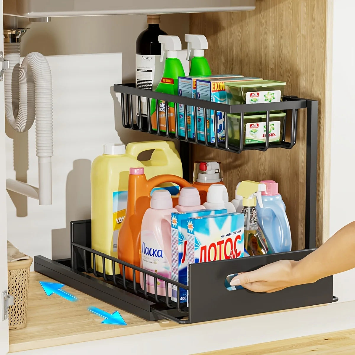Best 2 Tier Under Sink Organizer Pull-out Sliding Cabinet Storage Basket Kitchen Bathroom Rack for Cleaning Supplies & Spices