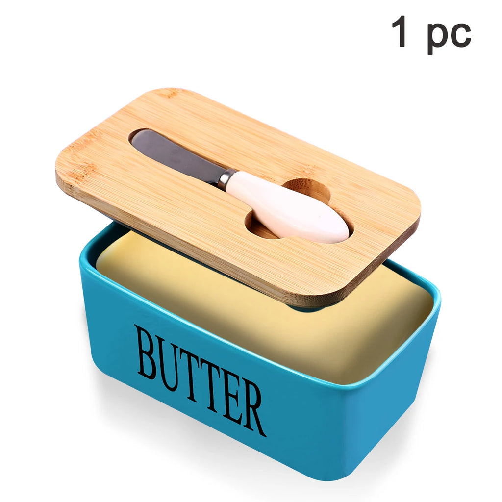 1 Set Of Ceramic Butter Dish With Bamboo Lid And Built-In Knife Butter Keeper With Double Silicone Sealing Ring Kitchen
