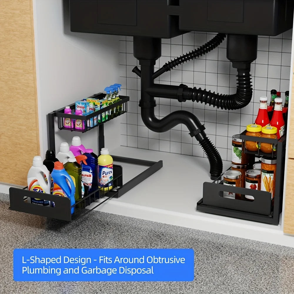 Best 2 Tier Under Sink Organizer Pull-out Sliding Cabinet Storage Basket Kitchen Bathroom Rack for Cleaning Supplies & Spices