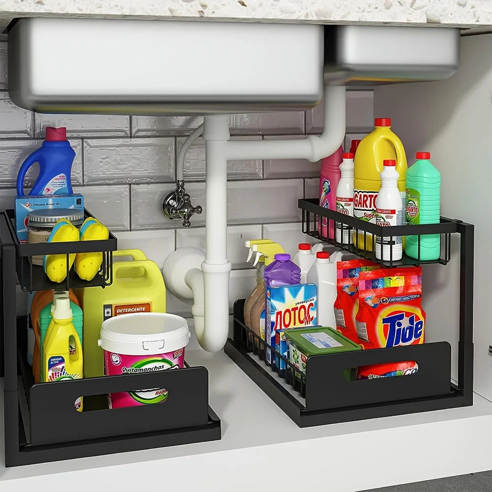 Best 2 Tier Under Sink Organizer Pull-out Sliding Cabinet Storage Basket Kitchen Bathroom Rack for Cleaning Supplies & Spices