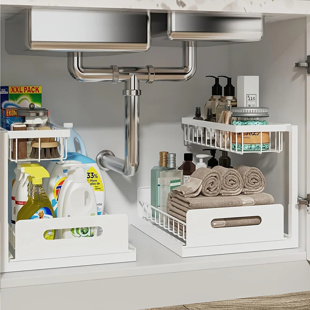 Best 2 Tier Under Sink Organizer Pull-out Sliding Cabinet Storage Basket Kitchen Bathroom Rack for Cleaning Supplies & Spices