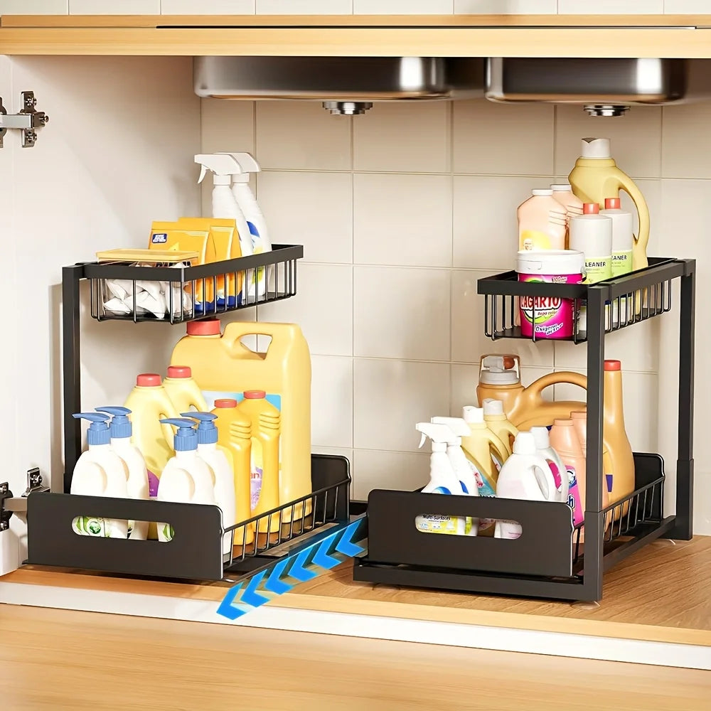 Best 2 Tier Under Sink Organizer Pull-out Sliding Cabinet Storage Basket Kitchen Bathroom Rack for Cleaning Supplies & Spices