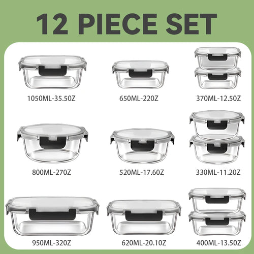 12pcs Glass Lunch Box Food Storage Containers Meal Prep Airtight Bento Boxes for Microwave Oven Freezer and Dishwasher BPA Free