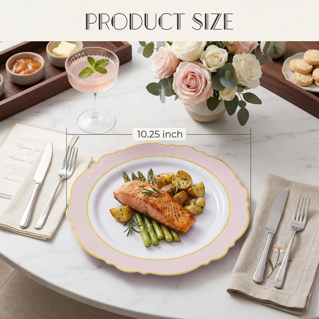 60pcs Pink Plastic Plates 10.25inch Baroque Gold Disposable Dinner Plates for Baby Shower Birthday Wedding Party Supplies