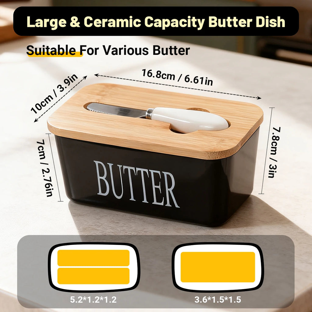 1 Set Of Ceramic Butter Dish With Bamboo Lid And Built-In Knife Butter Keeper With Double Silicone Sealing Ring Kitchen
