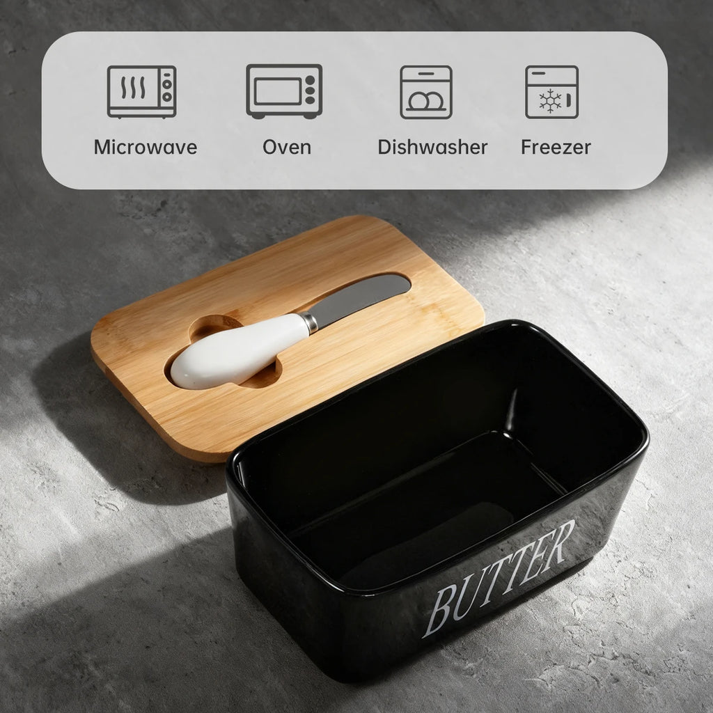 1 Set Of Ceramic Butter Dish With Bamboo Lid And Built-In Knife Butter Keeper With Double Silicone Sealing Ring Kitchen