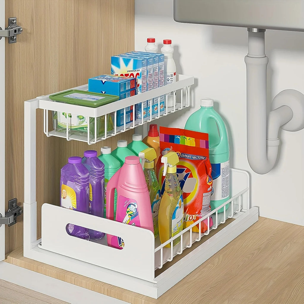 Best 2 Tier Under Sink Organizer Pull-out Sliding Cabinet Storage Basket Kitchen Bathroom Rack for Cleaning Supplies & Spices