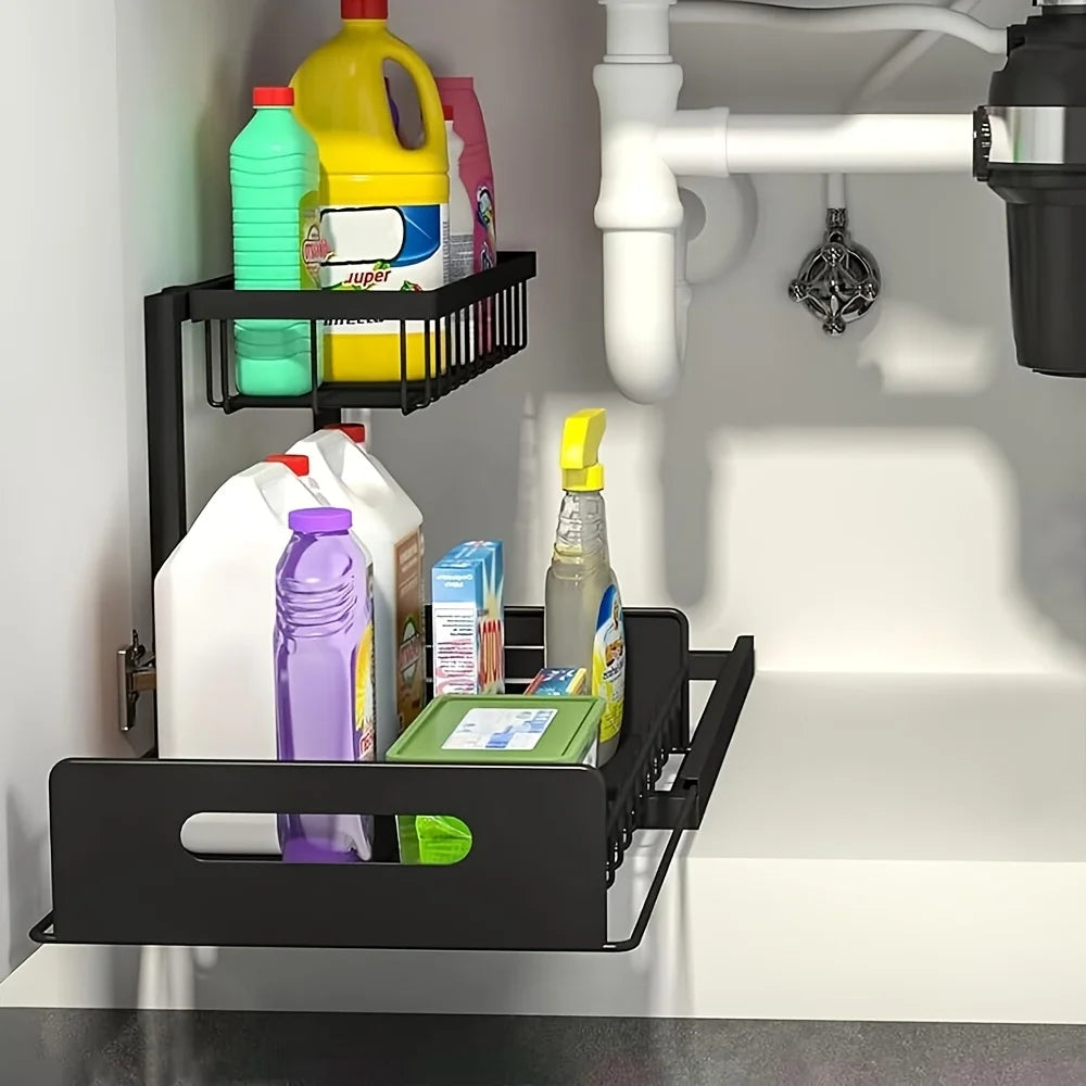 Best 2 Tier Under Sink Organizer Pull-out Sliding Cabinet Storage Basket Kitchen Bathroom Rack for Cleaning Supplies & Spices
