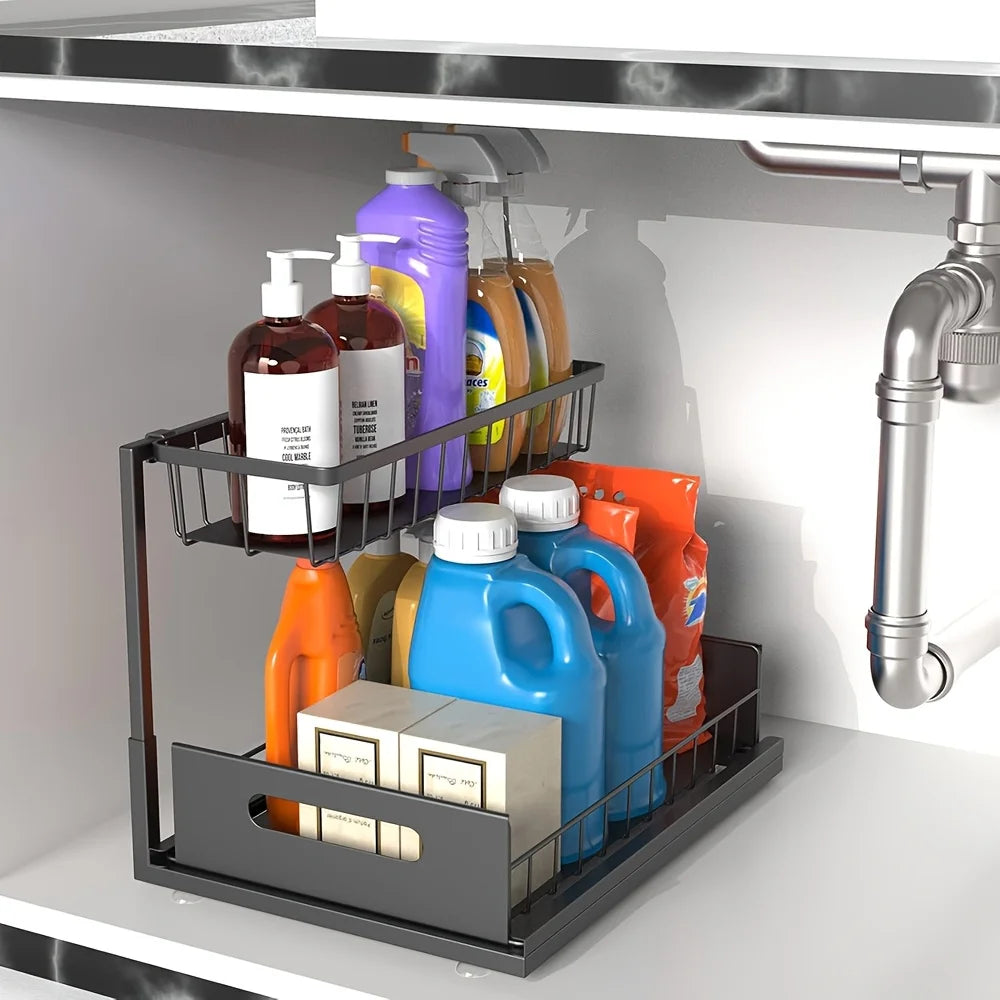 Best 2 Tier Under Sink Organizer Pull-out Sliding Cabinet Storage Basket Kitchen Bathroom Rack for Cleaning Supplies & Spices