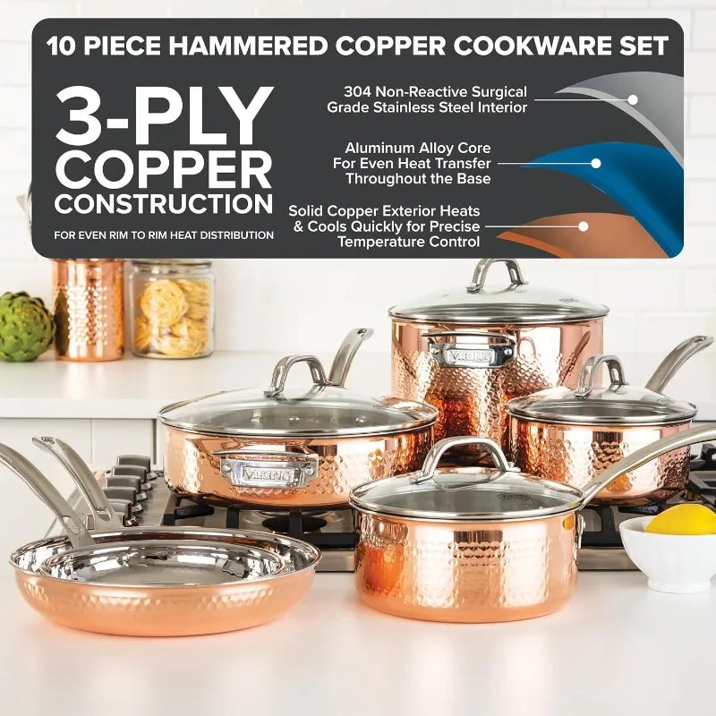 3-Ply Pots and Pans Set, 10 Piece Copper Kitchen Cookware with Glass Lids, Hammered Copper