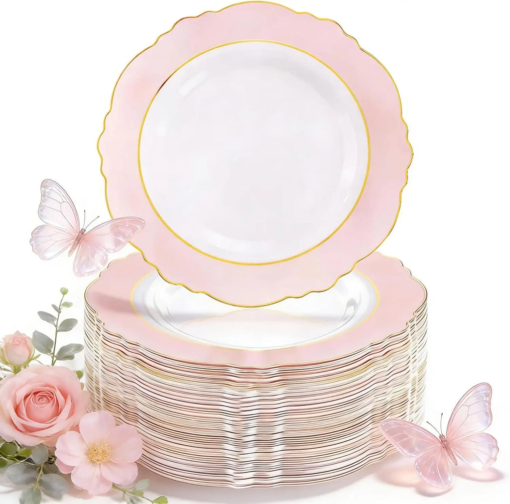 60pcs Pink Plastic Plates 10.25inch Baroque Gold Disposable Dinner Plates for Baby Shower Birthday Wedding Party Supplies