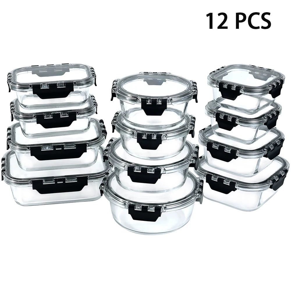 12pcs Glass Lunch Box Food Storage Containers Meal Prep Airtight Bento Boxes for Microwave Oven Freezer and Dishwasher BPA Free
