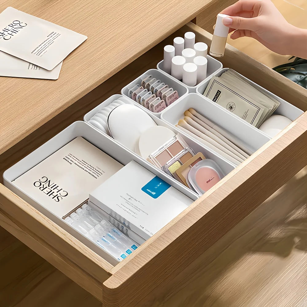 7pcs Drawer Organizer Set, Plastic Cosmetic and Skincare Storage Boxes with Dividers for Vanity, Desktop,and Drawer Organization