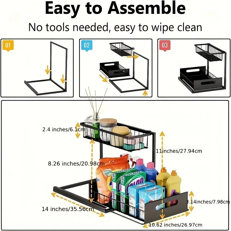 Best 2 Tier Under Sink Organizer Pull-out Sliding Cabinet Storage Basket Kitchen Bathroom Rack for Cleaning Supplies & Spices
