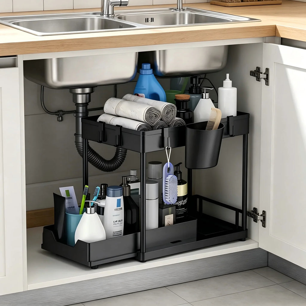2 Tier Under Sink Sliding Cabinet Basket Organizer Storage Rack with Hooks Hanging Cup Bathroom Multifunctional Storage Rack